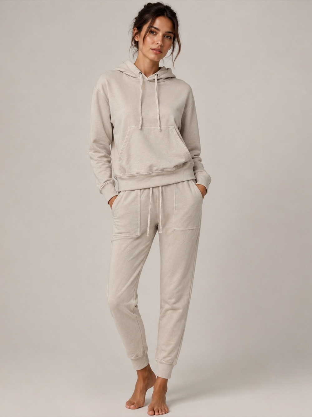 Goodlife Micro Terry Lounge Set Small Beige Hoodie Joggers Travel Minimal Comfy